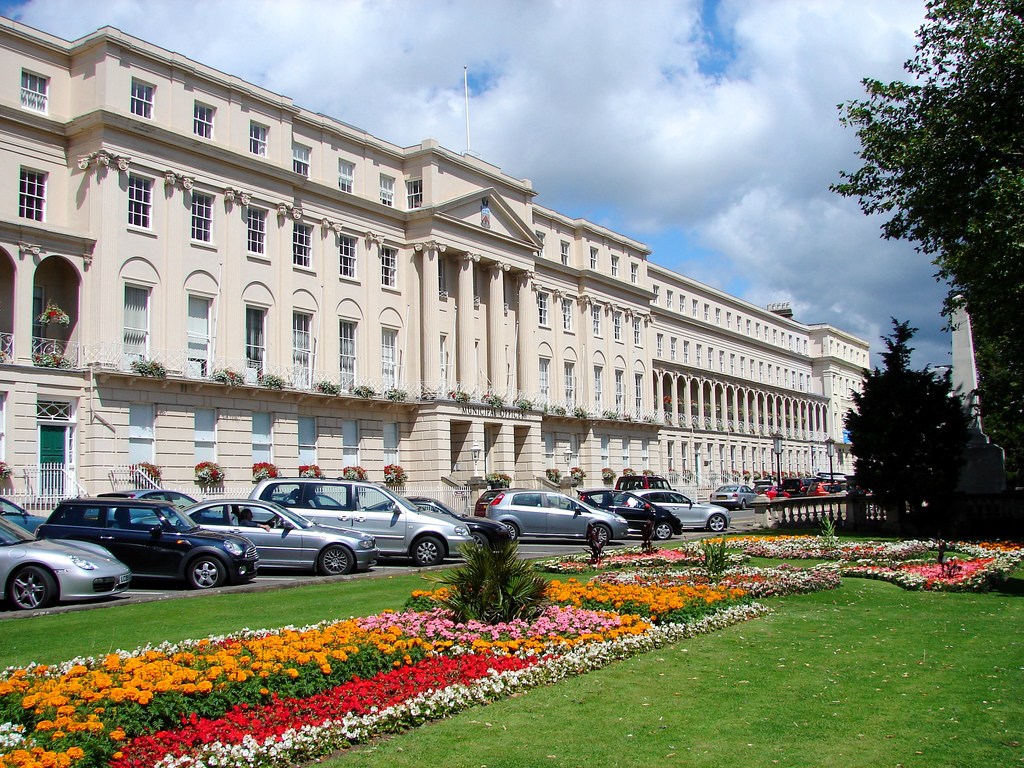 Flower beds and Regency terraces along Cheltenham’s Promenade